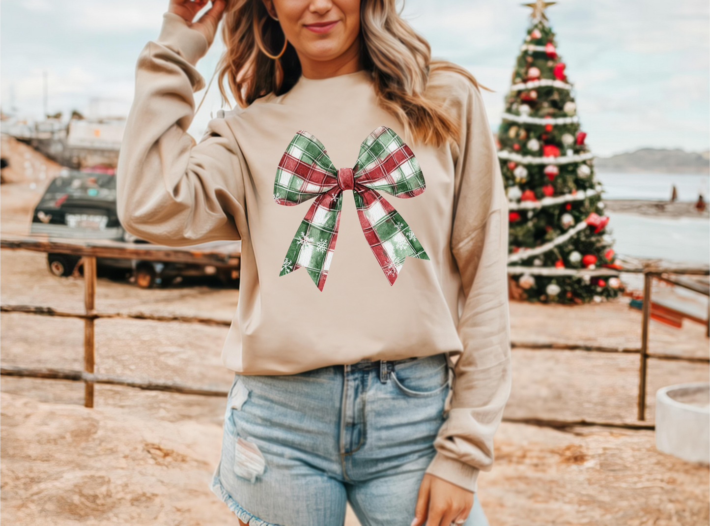 Christmas Red and Green Plaid Bow Sweatshirt